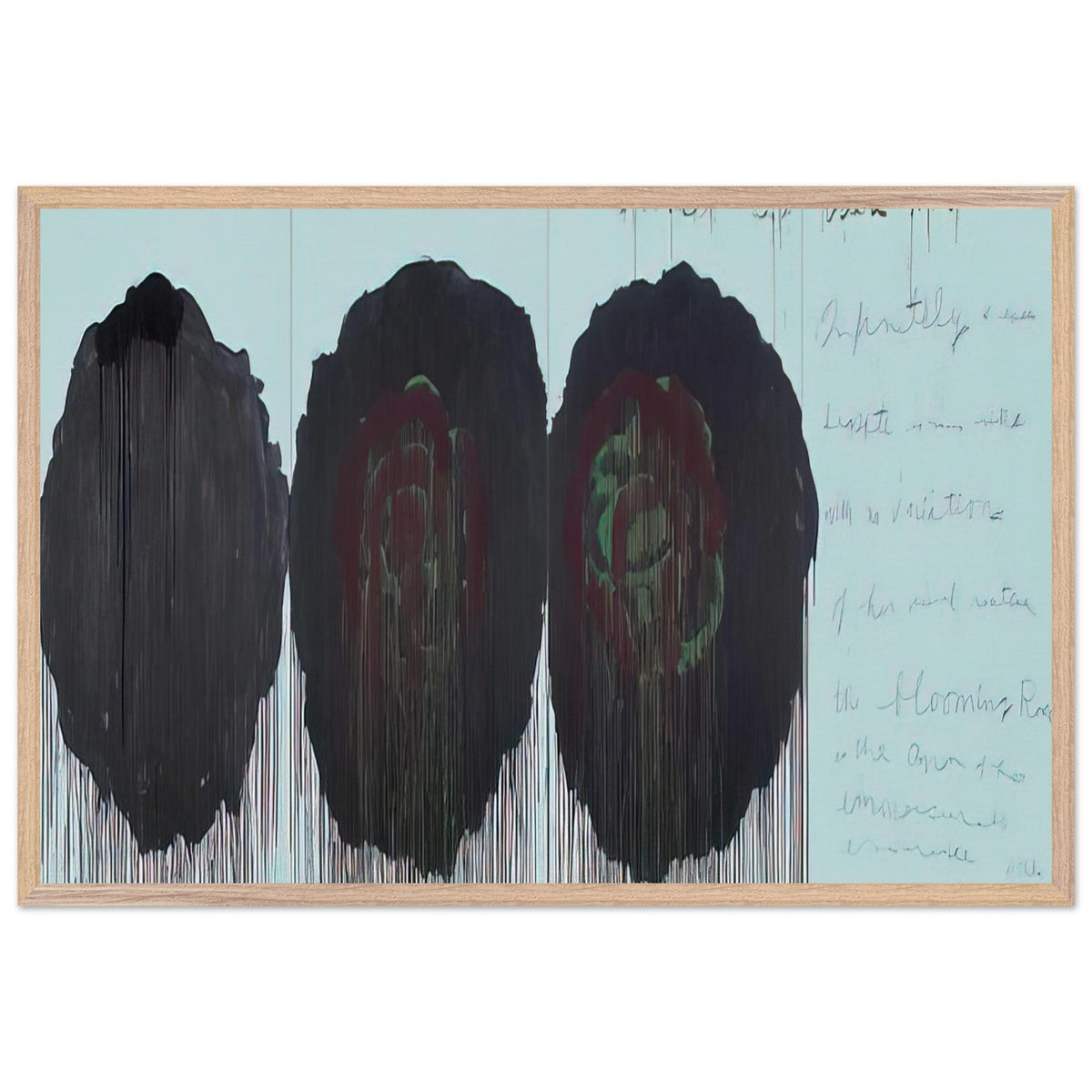 The Rose (V) by Cy Twombly framed art print; featuring three monumental rose forms in deep black, charcoal, burgundy, and dark crimson; size 60 × 90 cm (24 × 36 in); wood frame.