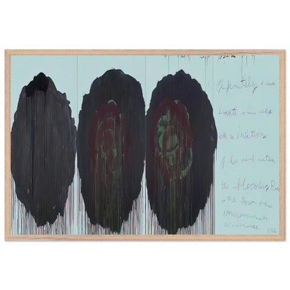The Rose (V) by Cy Twombly framed art print; featuring three monumental rose forms in deep black, charcoal, burgundy, and dark crimson; size 60 × 90 cm (24 × 36 in); wood frame.