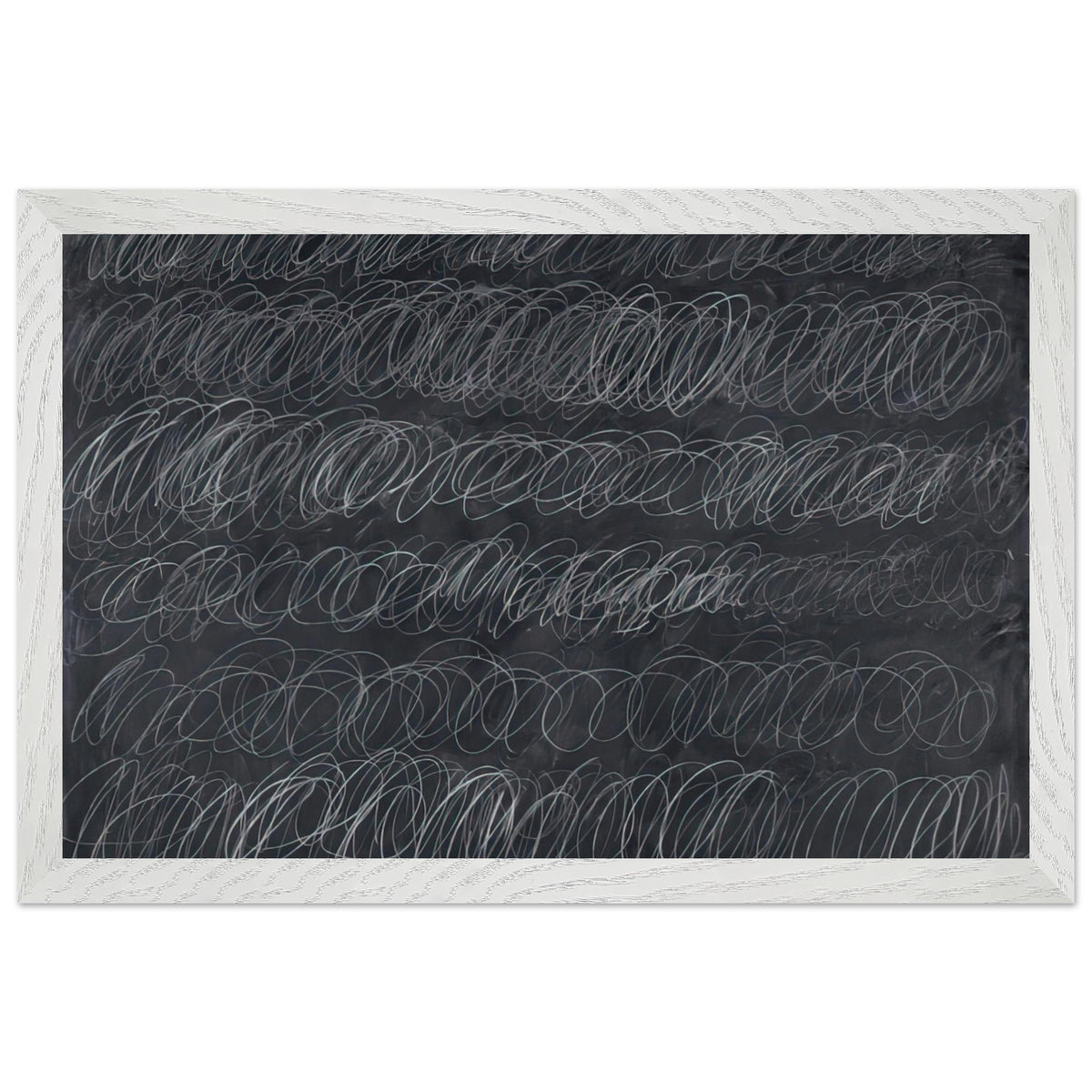 Cold Stream by Cy Twombly framed art print; featuring dense, repeating white and gray scribbled lines arranged in horizontal rows across a deep charcoal-gray; size 50 × 70 cm (20 × 28 in); wood frame.