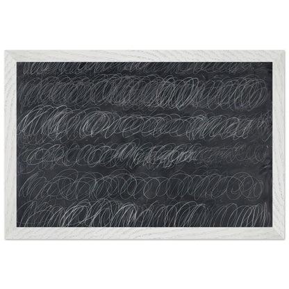 Cold Stream by Cy Twombly framed art print; featuring dense, repeating white and gray scribbled lines arranged in horizontal rows across a deep charcoal-gray; size 50 × 70 cm (20 × 28 in); wood frame.