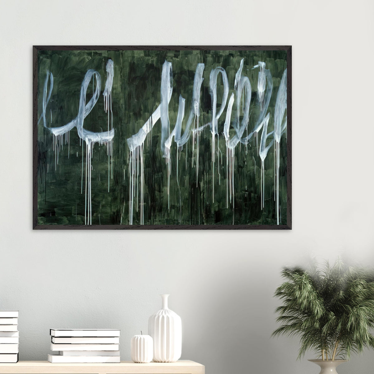 III Notes from Salalah (Note I) by Cy Twombly framed art print; featuring expressive white looping strokes and elongated paint drips against a rich, dark green background.