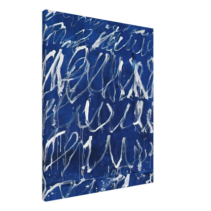 Untitled by Cy Twombly, canvas print, energetic white brushstrokes across a deep blue background, with, 70x100 cm (28x40 in)