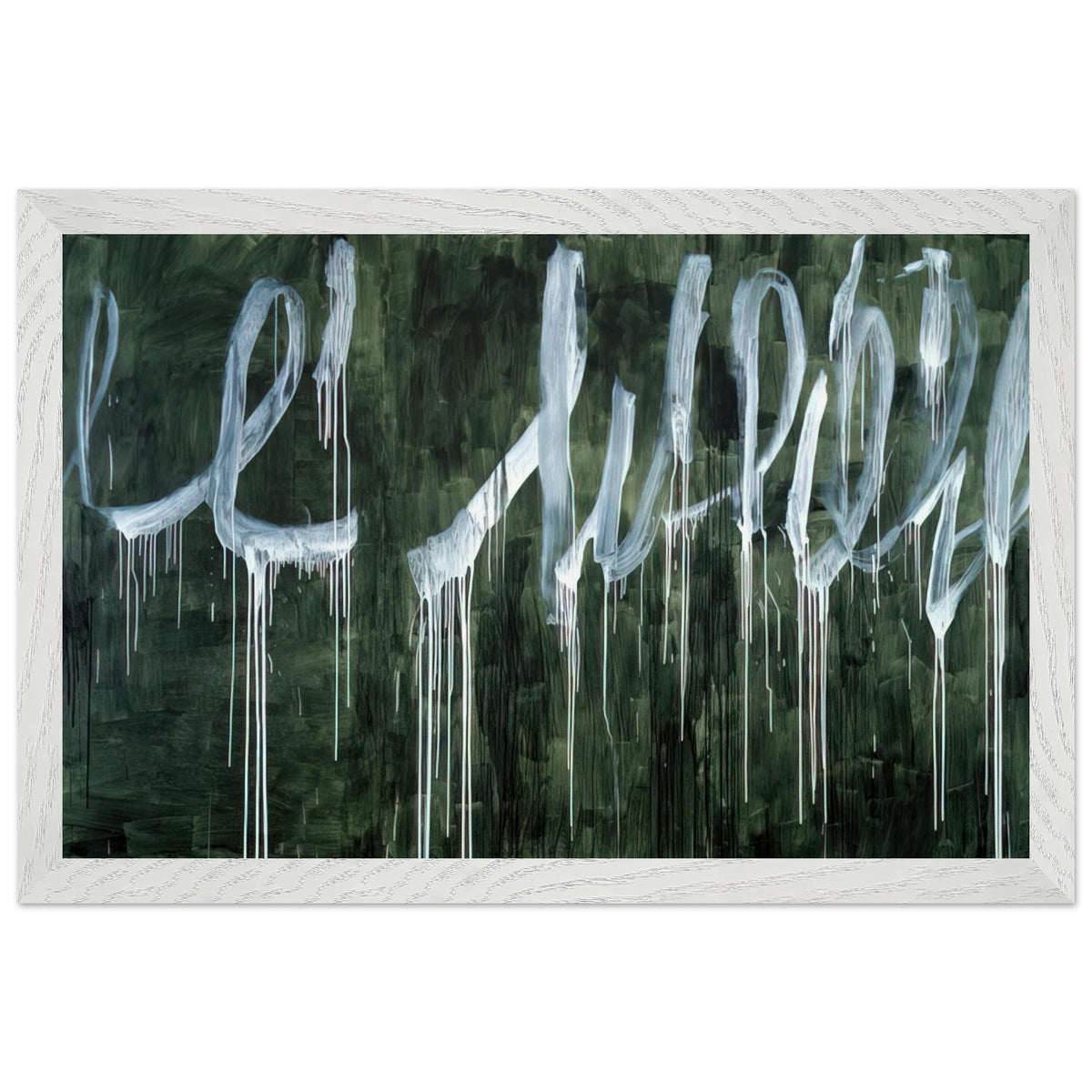 III Notes from Salalah (Note I) by Cy Twombly framed art print; featuring expressive white looping strokes and elongated paint drips against a rich, dark green background; size 50 × 70 cm (20 × 28 in); black frame.