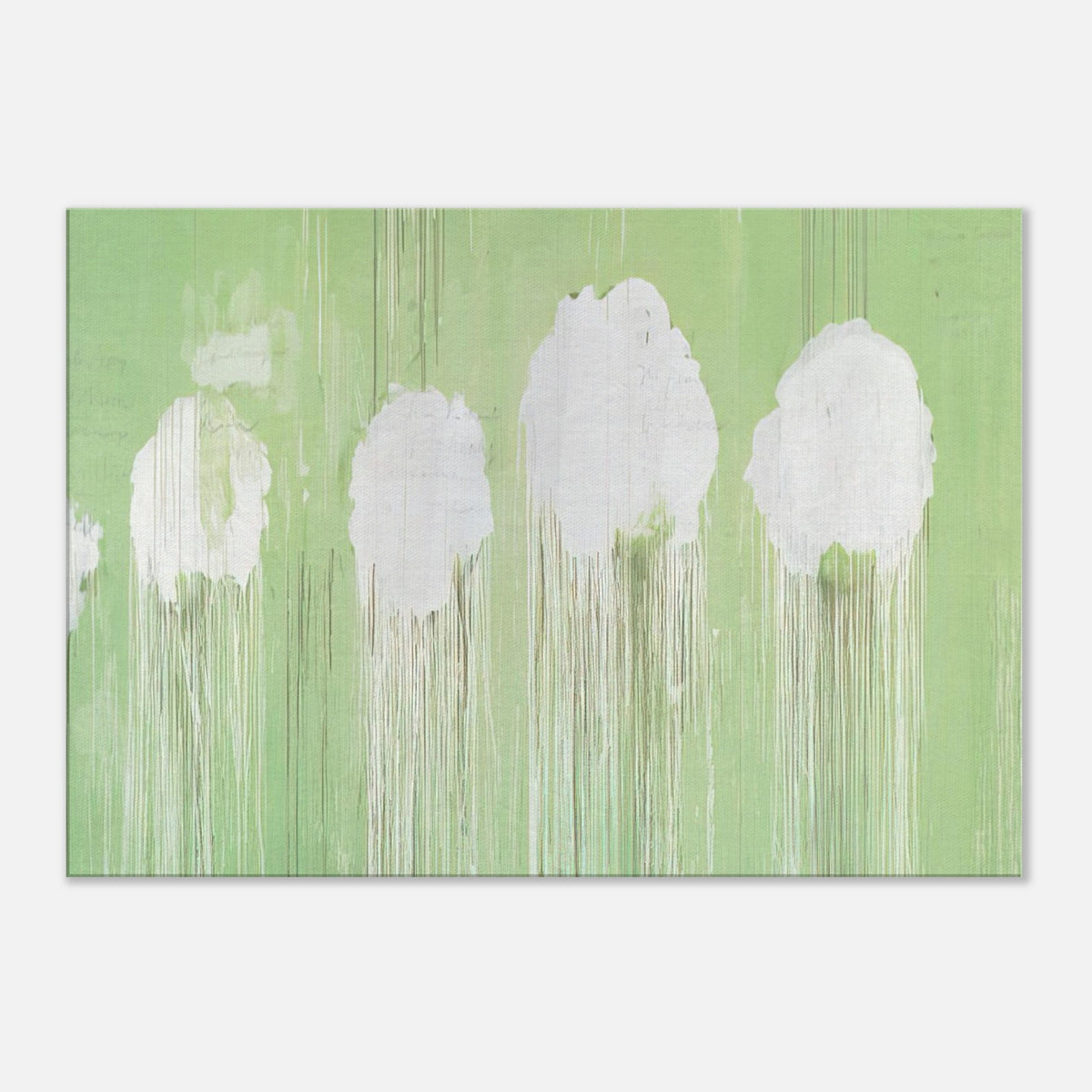 Untitled (Peony Blossom Painting) by Cy Twombly canvas print: soft white, cloud-like blossom forms against a pale green background.