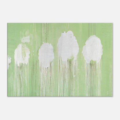 Untitled (Peony Blossom Painting) by Cy Twombly canvas print: soft white, cloud-like blossom forms against a pale green background.