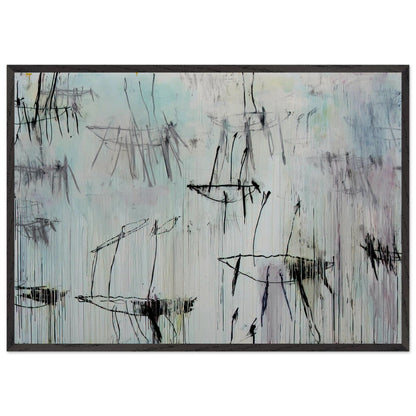 Lepanto, Part V by Cy Twombly framed art print; featuring a pale blue and ivory background, expressive black lines, delicate gray marks, subtle pink undertones; size 60 × 90 cm (24 × 36 in); black frame.