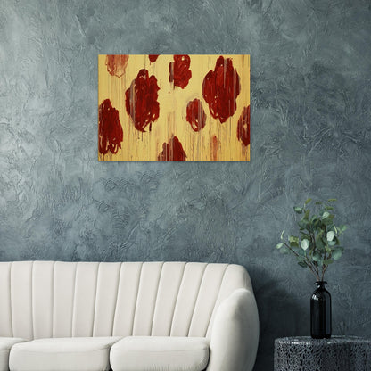 Untitled (Blooming, A Scattering of Blossoms & Other Things) by Cy Twombly canvas print: This striking composition features vivid red and burgundy forms scattered across a radiant golden-yellow….