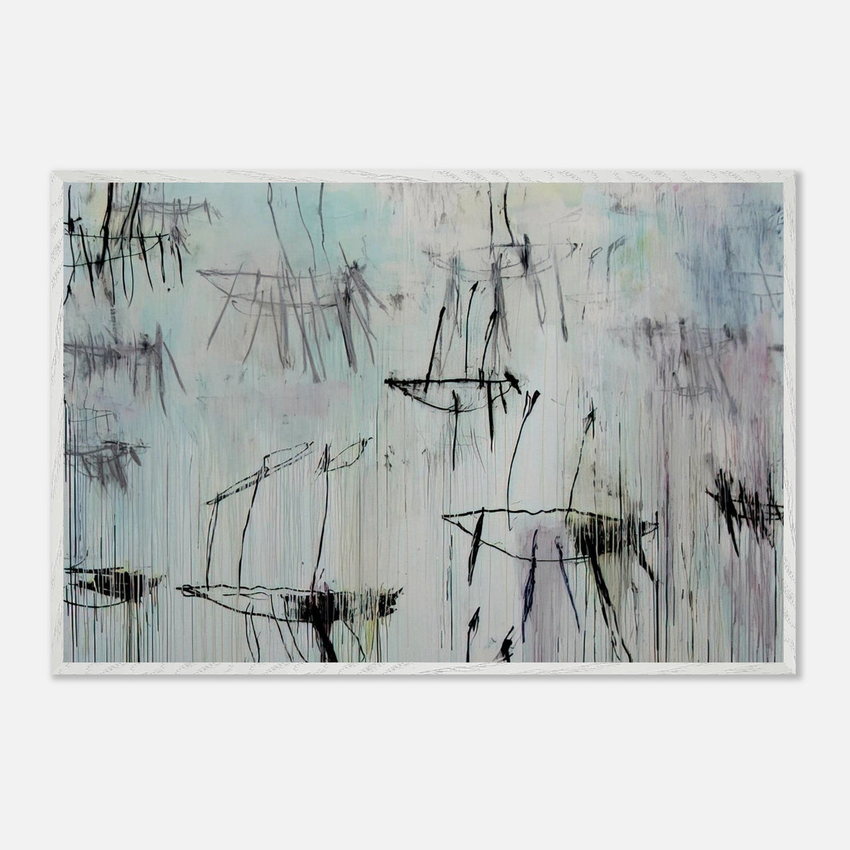 Lepanto, Part V by Cy Twombly framed art print; featuring a pale blue and ivory background, expressive black lines, delicate gray marks, subtle pink undertones.