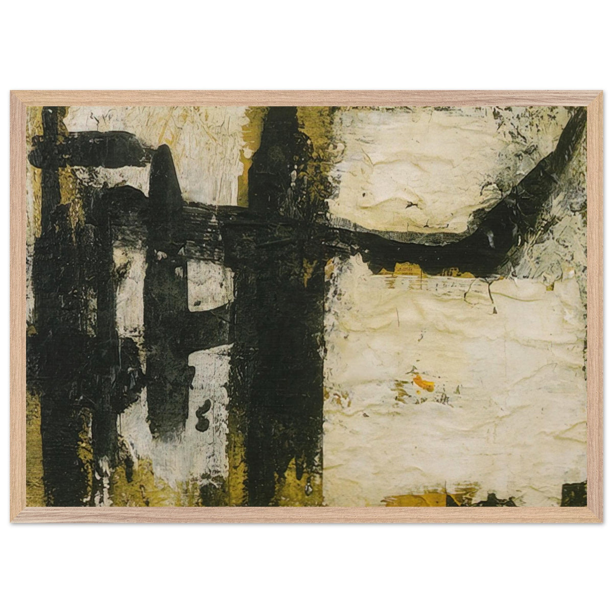 Landscape by Cy Twombly framed art print; featuring bold black and charcoal forms, textured ivory and cream surfaces, and subtle accents of ochre, olive green; size 70 × 100 cm (28 × 40 in); black frame.