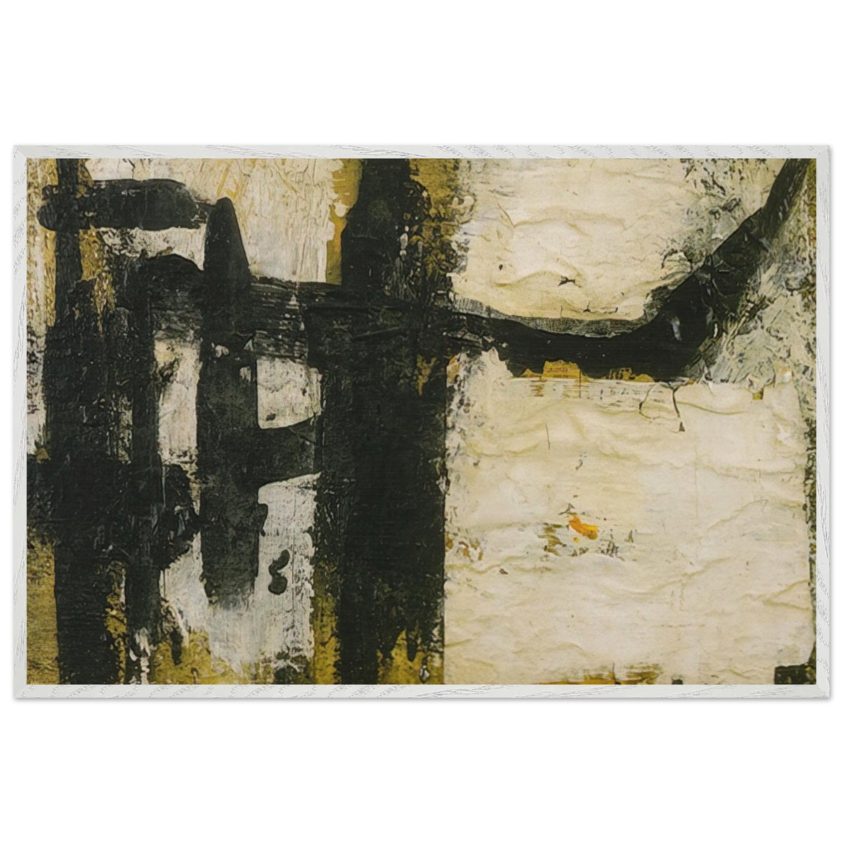 Landscape by Cy Twombly framed art print; featuring bold black and charcoal forms, textured ivory and cream surfaces, and subtle accents of ochre, olive green; size A1 (59.4 × 84.1 cm); white frame.