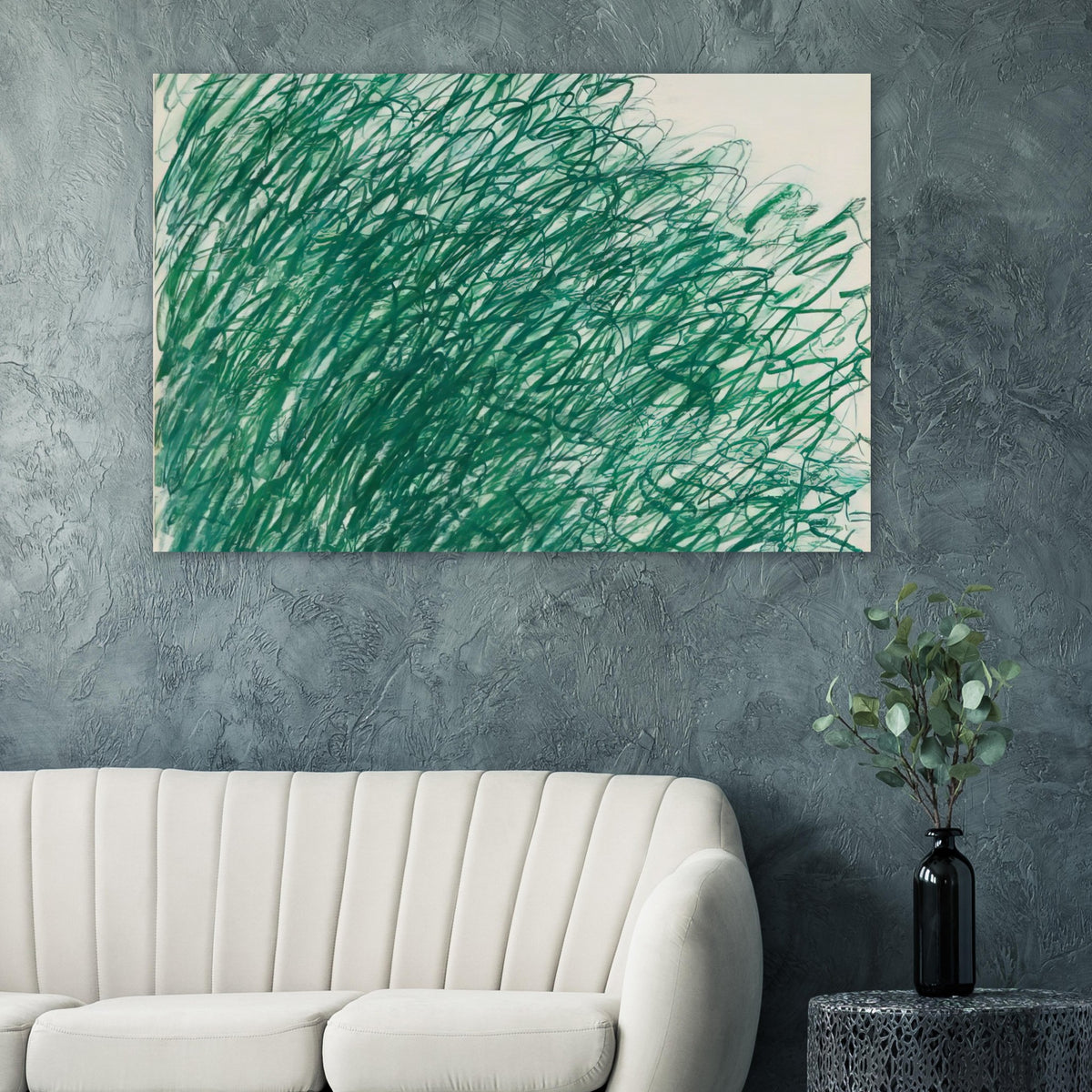 On Returning from Tonnicoda by Cy Twombly poster: This captivating composition features an intricate network of sweeping green lines, overlapping loops….