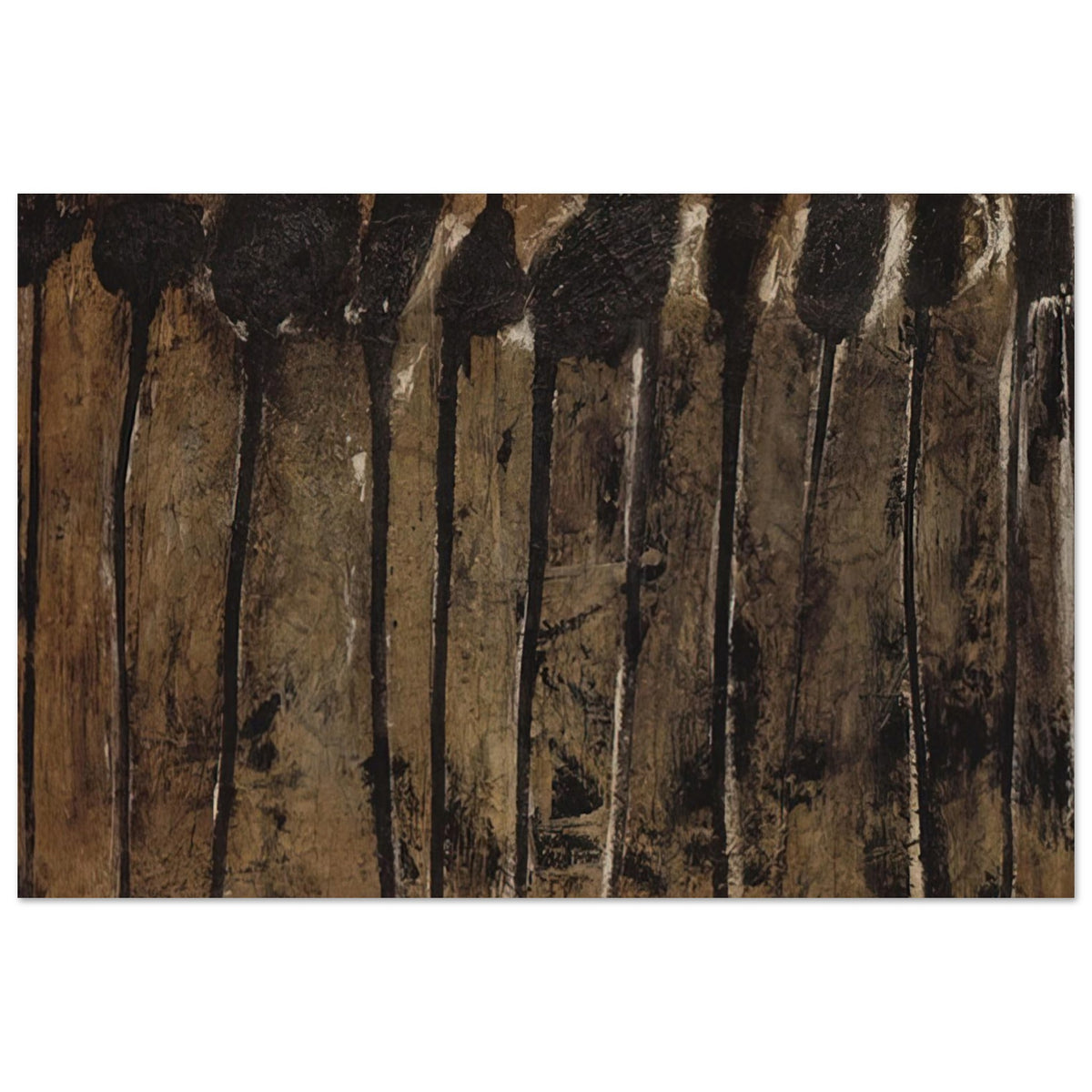 Solon I by Cy Twombly poster, A3 (29.7 × 42 cm): This atmospheric composition features elongated black and dark brown forms against a textured background….