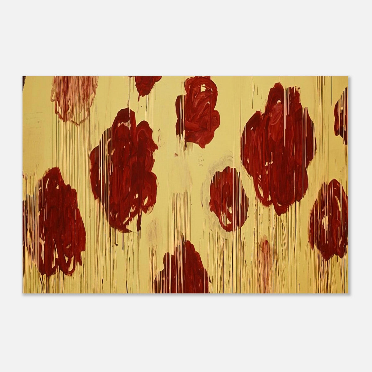 Untitled (Blooming, A Scattering of Blossoms & Other Things) by Cy Twombly poster: This expressive composition features bold crimson and burgundy forms scattered across a luminous….
