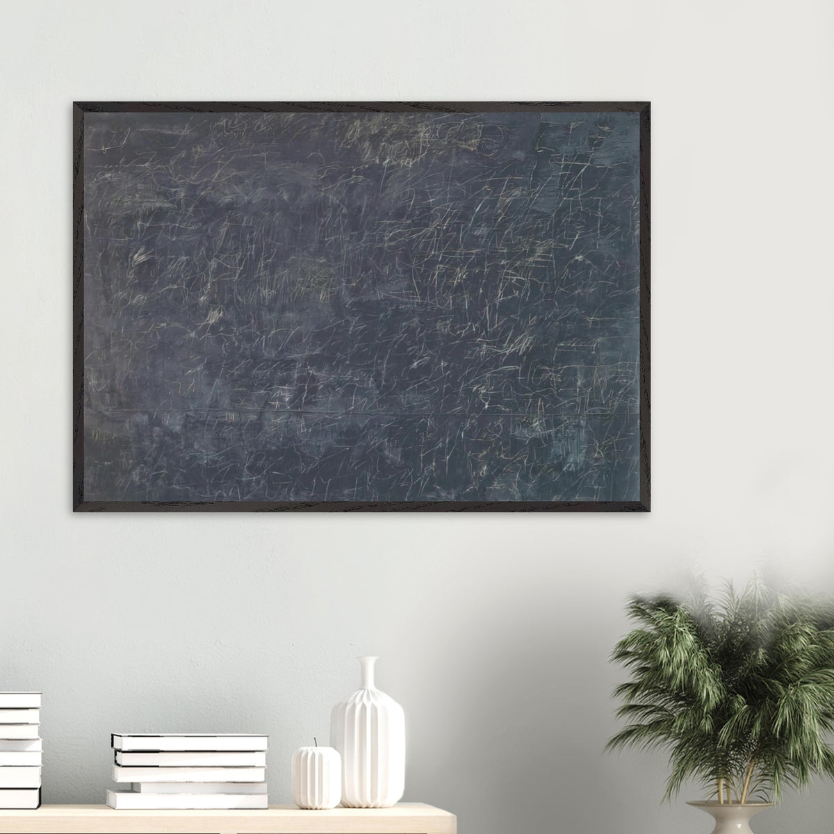 Panorama by Cy Twombly framed art print; featuring a deep charcoal-gray background covered with intricate white and pale-gray scribbles, intersecting lines.