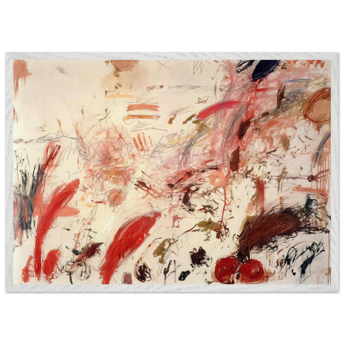 Ferragosto IV by Cy Twombly framed art print; featuring energetic red and pink brushstrokes, sweeping lines, layered marks, and contrasting accents of orange, brown; size 60 × 90 cm (24 × 36 in); black frame.