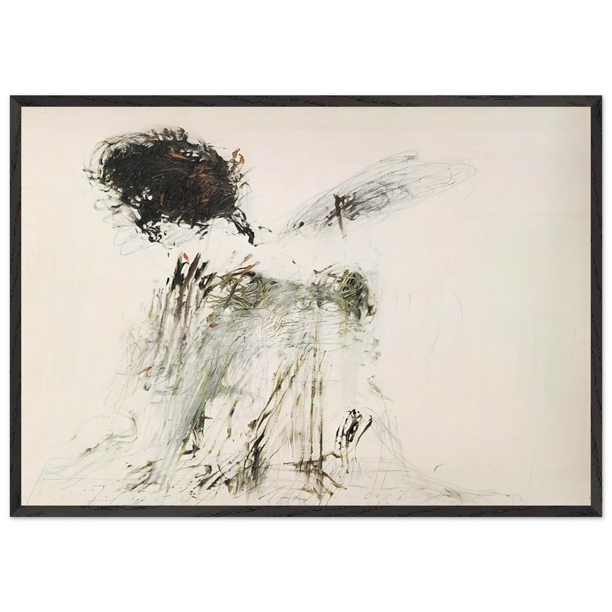 Ides of March by Cy Twombly framed art print; featuring a dramatic mass of black and dark brown marks in the upper-left area, delicate gray lines, earthy green accents; size 800 × 1200 mm (32 × 48 in); white frame.