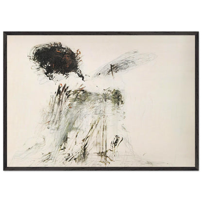 Ides of March by Cy Twombly framed art print; featuring a dramatic mass of black and dark brown marks in the upper-left area, delicate gray lines, earthy green accents; size 800 × 1200 mm (32 × 48 in); white frame.