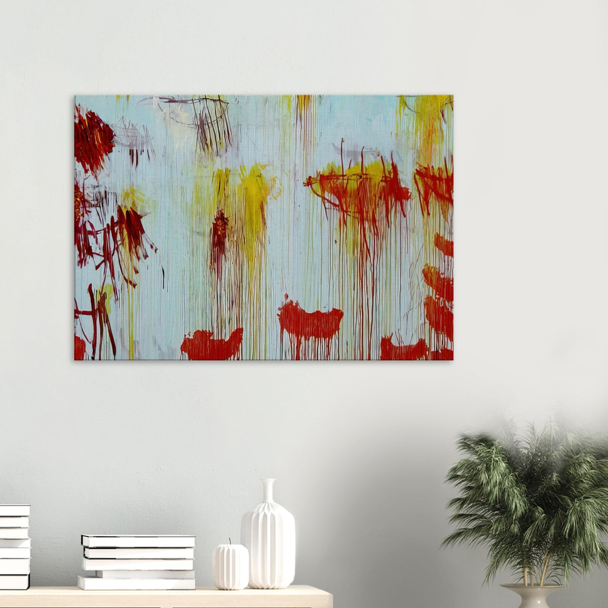 Lepanto, Part XI by Cy Twombly canvas print: This striking composition features a pale turquoise background layered with vivid yellow, golden ochre….