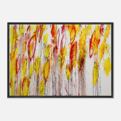 Lepanto, Part I by Cy Twombly framed art print; featuring vivid yellow and golden-orange brushstrokes, fiery red accents, delicate pink marks.