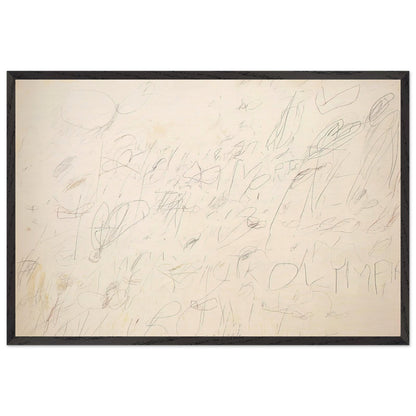 Olympia by Cy Twombly framed art print; featuring a warm ivory and pale cream background covered with delicate pencil-like lines, overlapping scribbles; size 70 × 100 cm (28 × 40 in); black frame.