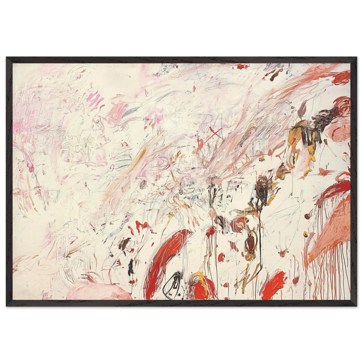 Ferragosto III by Cy Twombly framed art print; featuring energetic brushstrokes, delicate scribbles, and layered gestures in shades of red, pink, rust, orange, ochre; size 800 × 1200 mm (32 × 48 in); white frame.