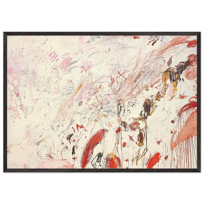 Ferragosto III by Cy Twombly framed art print; featuring energetic brushstrokes, delicate scribbles, and layered gestures in shades of red, pink, rust, orange, ochre; size 800 × 1200 mm (32 × 48 in); white frame.