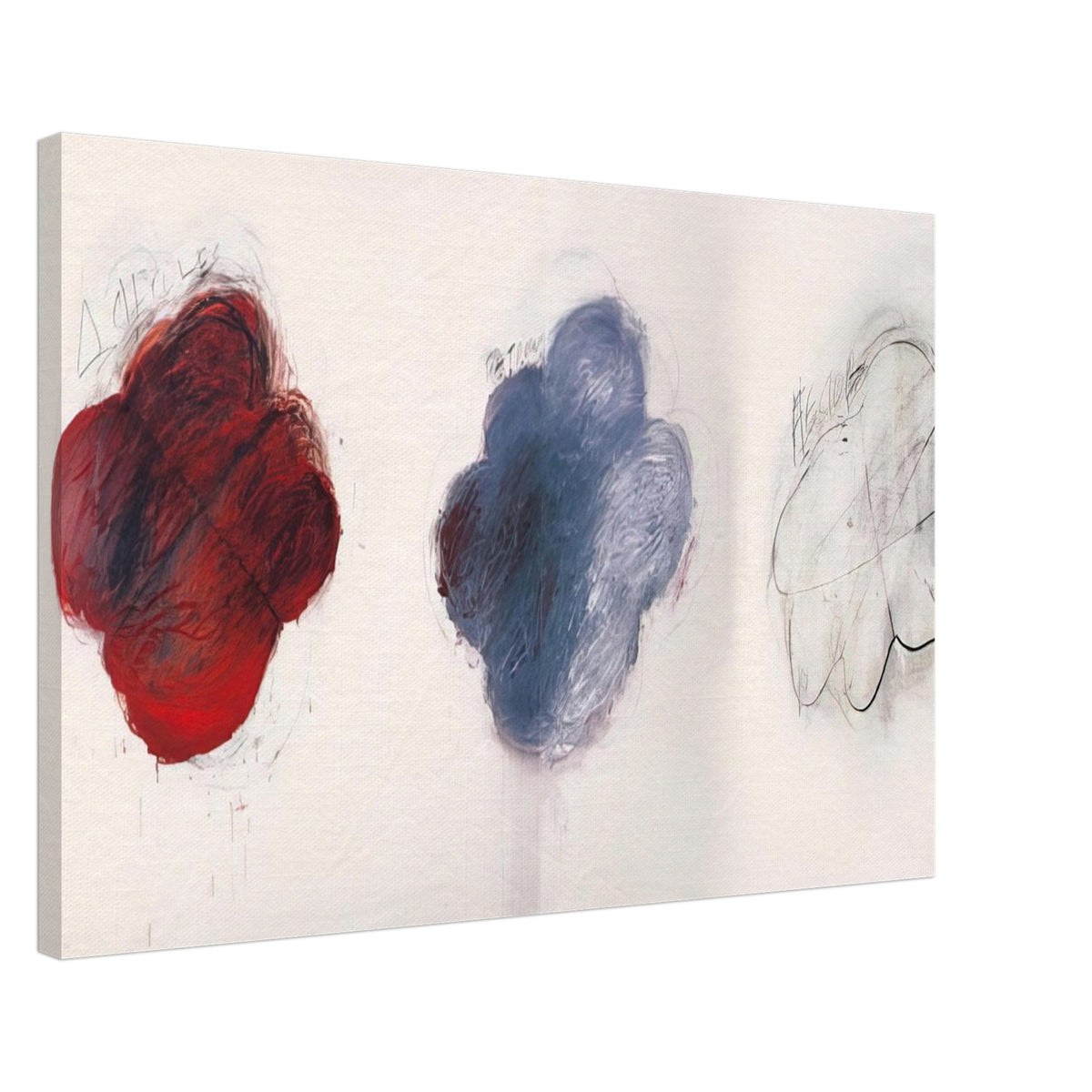 Fifty Days at Iliam: Shades of Achilles, Patroclus, and Hector by Cy Twombly canvas print, 70 × 100 cm / 28 × 40 in: This striking composition features three cloud-like shapes arranged across a pale background: an intense….