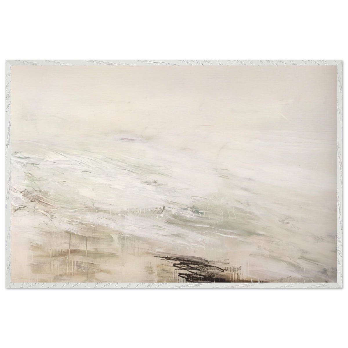 Hero and Leandro (A Painting in Four Parts) Part II by Cy Twombly framed art print; featuring expansive white and ivory tones, delicate gray marks, subtle beige and pale green hues; size 28 × 43 cm (11 × 17 in); white frame.