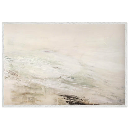 Hero and Leandro (A Painting in Four Parts) Part II by Cy Twombly framed art print; featuring expansive white and ivory tones, delicate gray marks, subtle beige and pale green hues; size 28 × 43 cm (11 × 17 in); white frame.