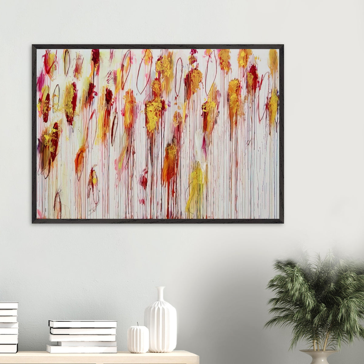 Lepanto, Part VIII by Cy Twombly framed art print; featuring vivid golden-yellow and orange brushstrokes, deep crimson and burgundy accents, delicate pink marks.