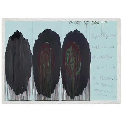 The Rose (V) by Cy Twombly framed art print; featuring three monumental rose forms in deep black, charcoal, burgundy, and dark crimson; size A1 (59.4 × 84.1 cm); white frame.