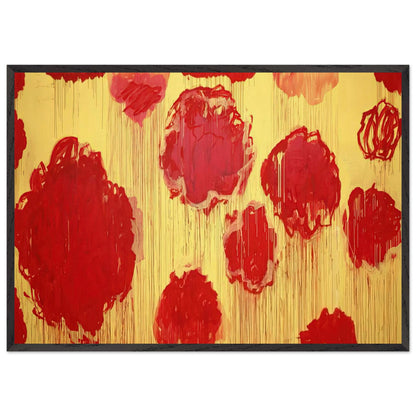 Untitled (Peonias Series) by Cy Twombly framed art print; featuring bold crimson-red and scarlet flower forms against a luminous golden-yellow background; size 800 × 1200 mm (32 × 48 in); white frame.