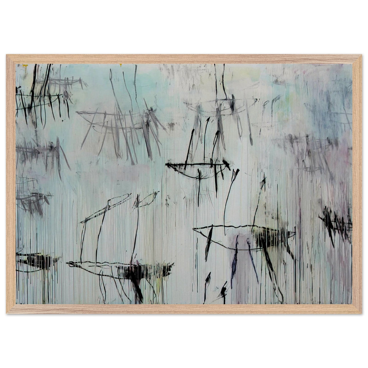 Lepanto, Part V by Cy Twombly framed art print; featuring a pale blue and ivory background, expressive black lines, delicate gray marks, subtle pink undertones; size 30 × 45 cm (12 × 18 in); black frame.