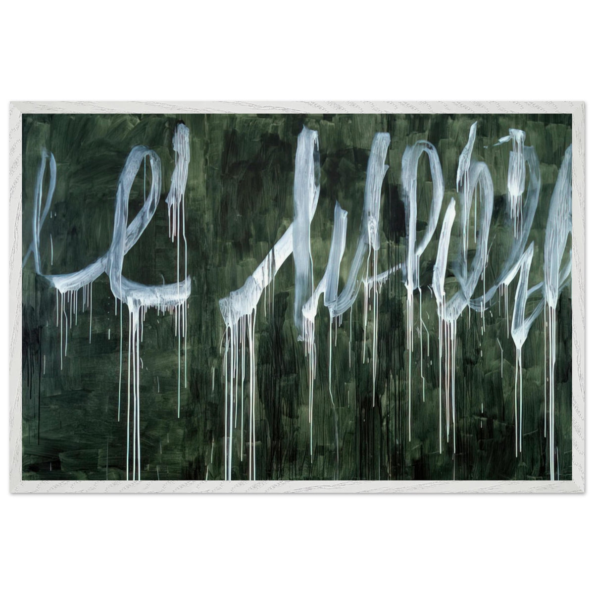 III Notes from Salalah (Note I) by Cy Twombly framed art print; featuring expressive white looping strokes and elongated paint drips against a rich, dark green background; size 800 × 1200 mm (32 × 48 in); black frame.