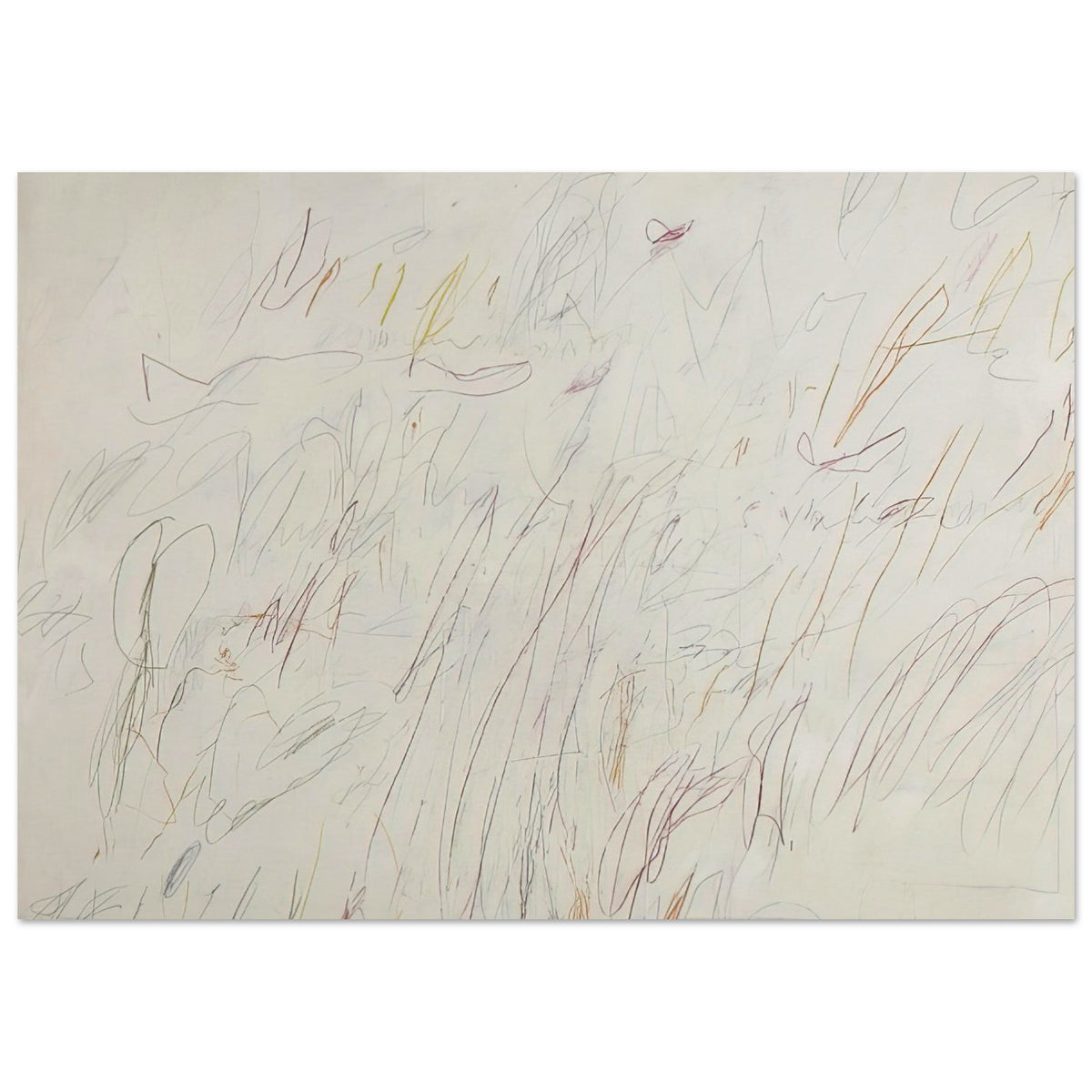 Olympia by Cy Twombly poster, 60 × 90 cm / 24 × 36 in: This expressive composition features a pale ivory background covered with delicate pencil-like lines….
