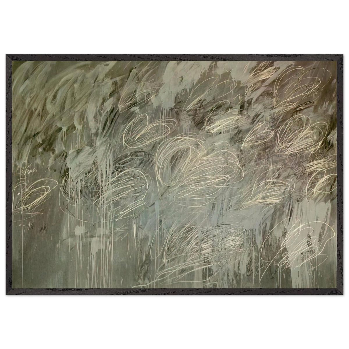 III Notes from Salalah (Note II) by Cy Twombly framed art print; featuring intricate ivory and pale gray looping lines across a richly layered background of muted olive green, gray; size 800 × 1200 mm (32 × 48 in); white frame.