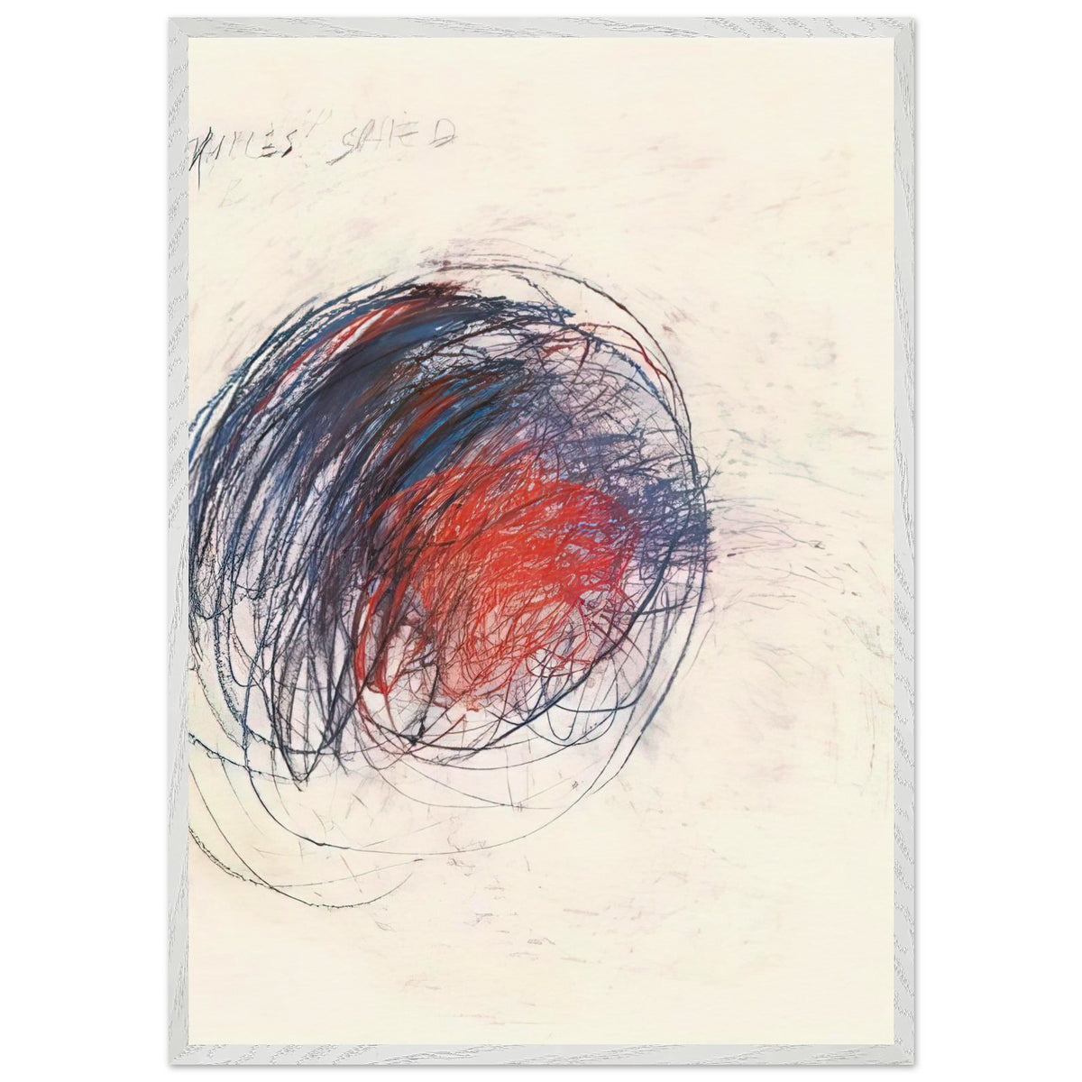 Fifty Days at Iliam: Shield of Achilles by Cy Twombly, framed art print, 70x100 cm / 28x40″, White frame; intricate black lines, expressive red strokes, deep blue accents