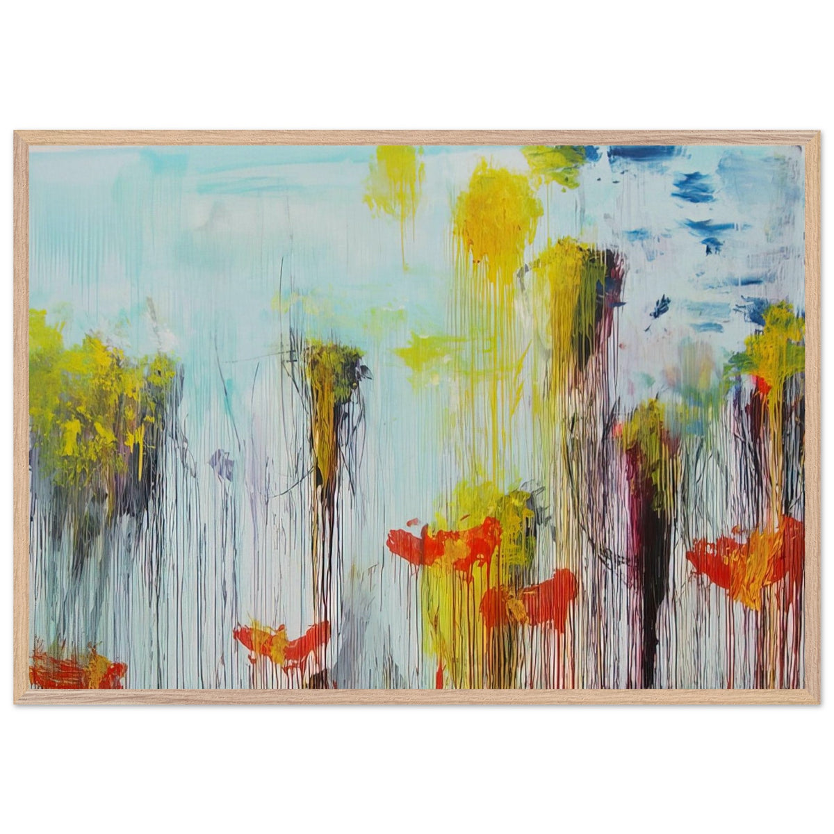 Lepanto, Part VII by Cy Twombly framed art print; featuring vibrant turquoise and aquamarine tones, vivid yellow brushstrokes, fiery orange and red accents; size 60 × 90 cm (24 × 36 in); wood frame.