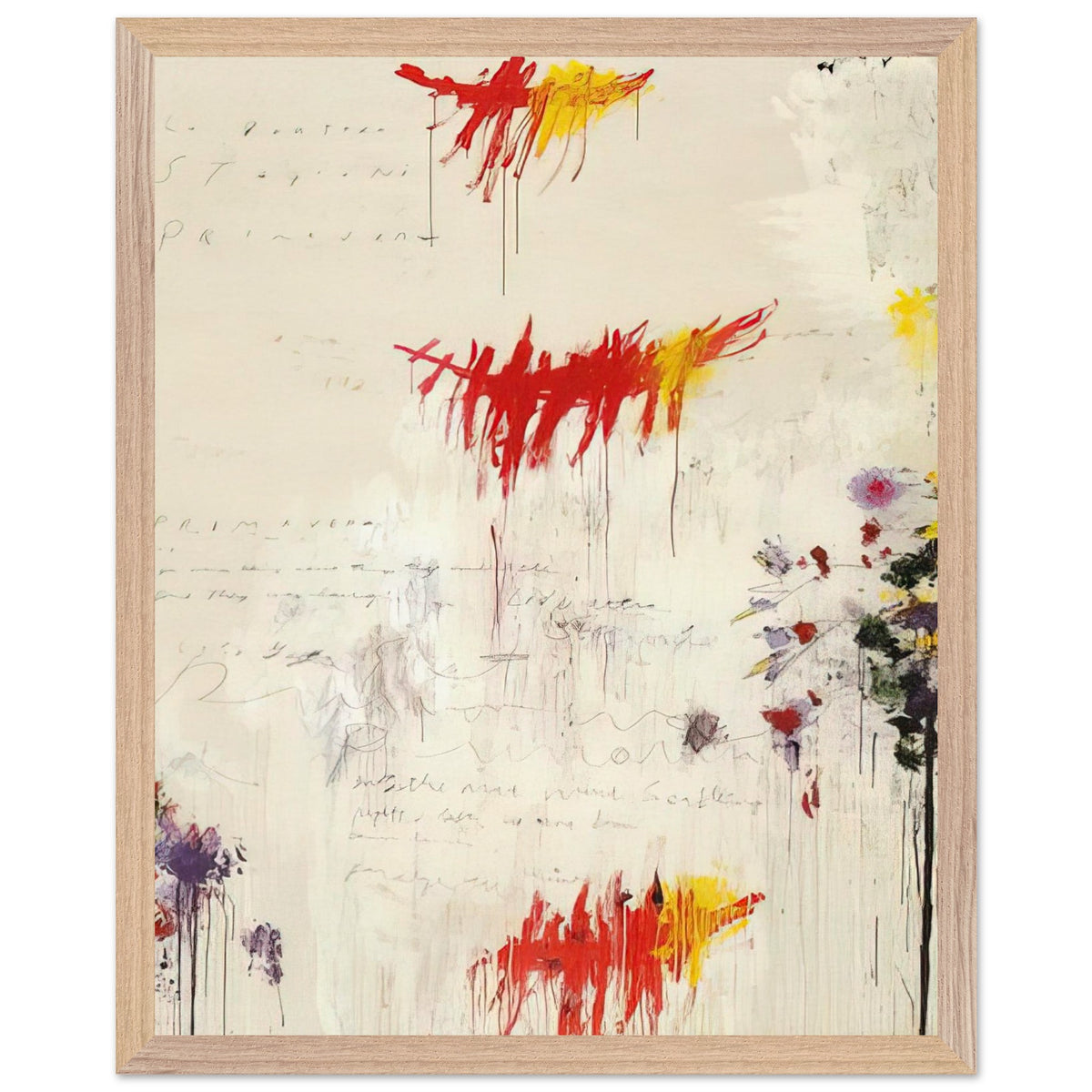 Quattro Stagioni I. Primavera by Cy Twombly, framed art print, energetic red and yellow brushstrokes, subtle purple and green details, 50x70 cm (20x28 in), black frame