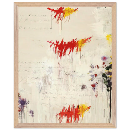 Quattro Stagioni I. Primavera by Cy Twombly, framed art print, energetic red and yellow brushstrokes, subtle purple and green details, 50x70 cm (20x28 in), black frame
