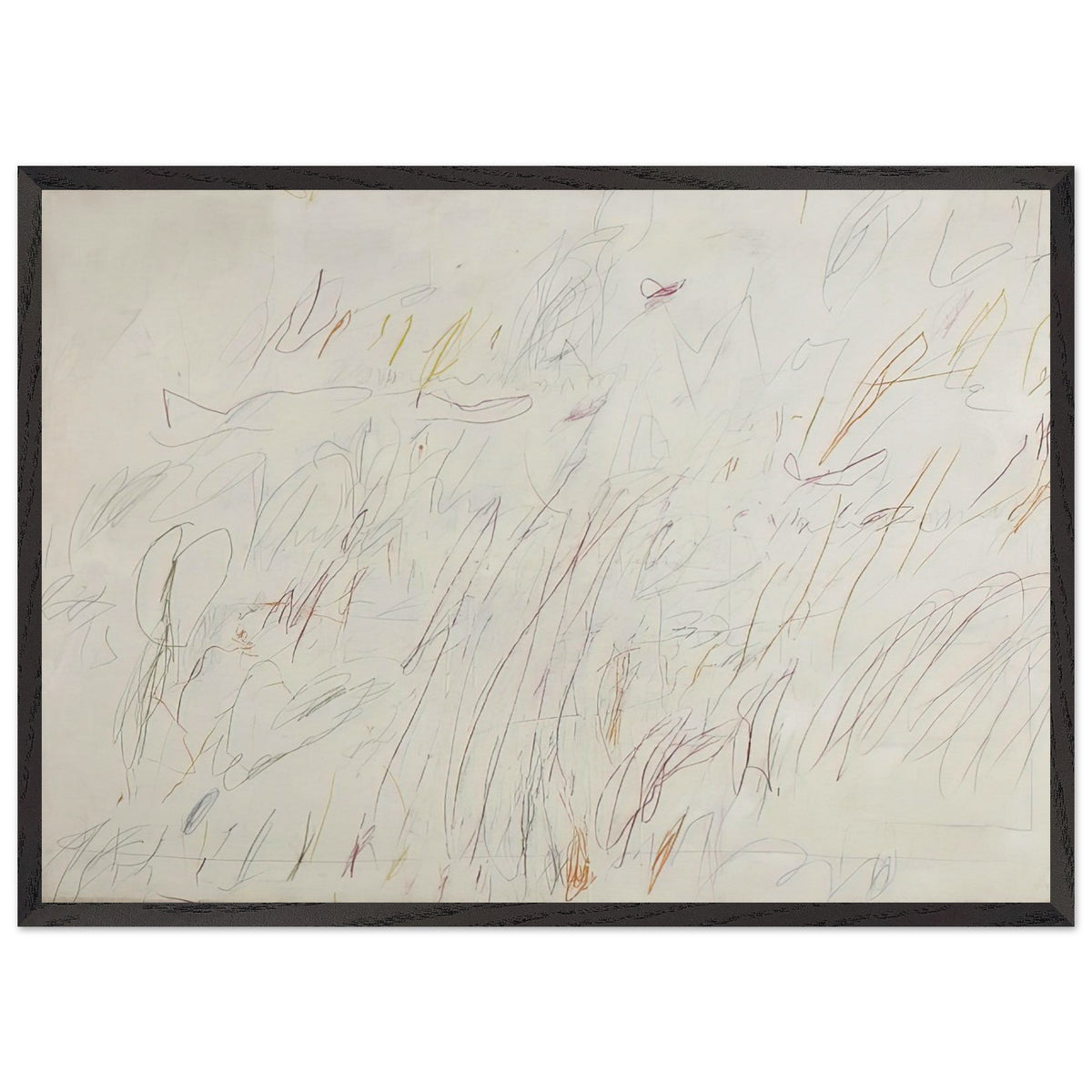 Sunset by Cy Twombly framed art print; featuring a soft ivory background covered with delicate pencil marks, flowing curves, spontaneous scribbles; size 800 × 1200 mm (32 × 48 in); black frame.