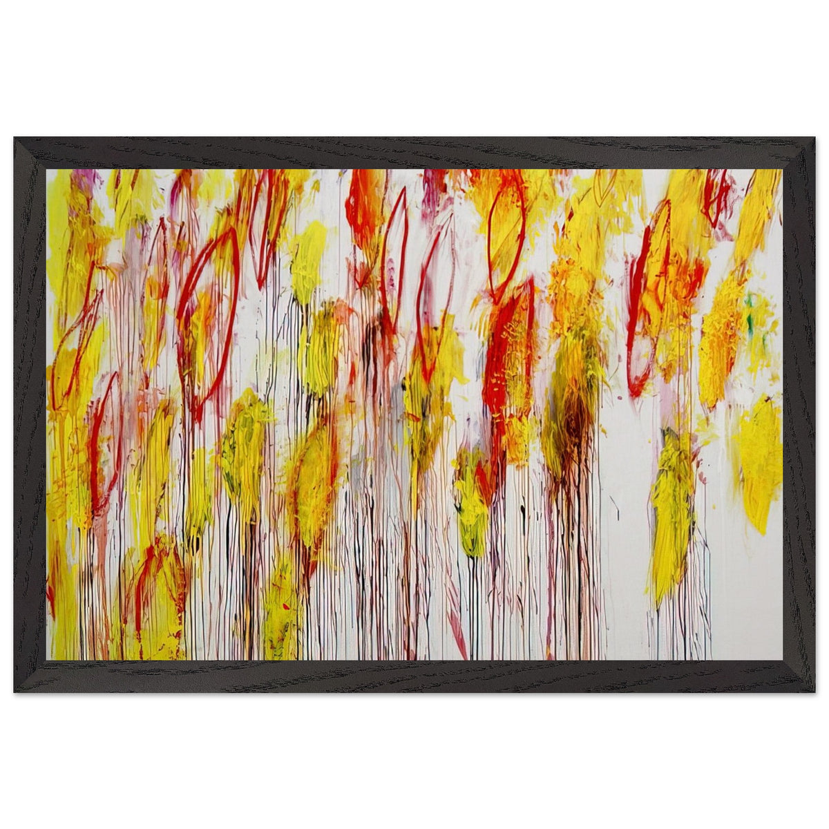Lepanto, Part I by Cy Twombly framed art print; featuring vivid yellow and golden-orange brushstrokes, fiery red accents, delicate pink marks; size 70 × 100 cm (28 × 40 in); white frame.