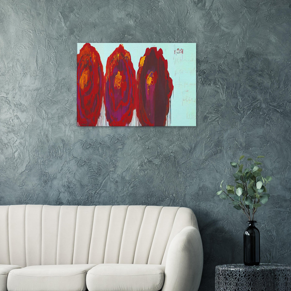 The Rose (IV) by Cy Twombly canvas print: This striking composition features three large, rose-inspired forms in vivid crimson, red, orange, yellow….