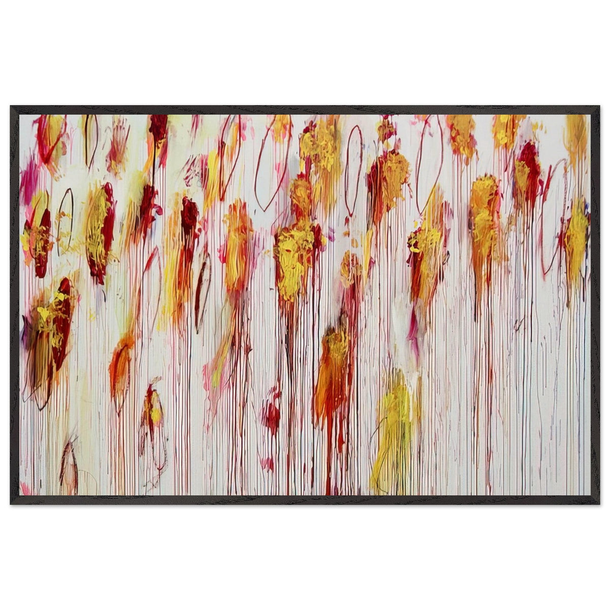 Lepanto, Part VIII by Cy Twombly framed art print; featuring vivid golden-yellow and orange brushstrokes, deep crimson and burgundy accents, delicate pink marks; size 50 × 70 cm (20 × 28 in); black frame.