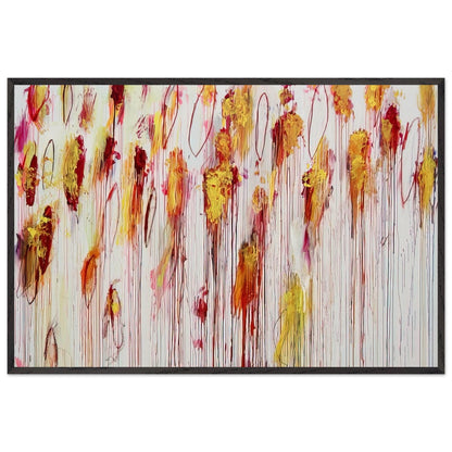 Lepanto, Part VIII by Cy Twombly framed art print; featuring vivid golden-yellow and orange brushstrokes, deep crimson and burgundy accents, delicate pink marks; size 50 × 70 cm (20 × 28 in); black frame.