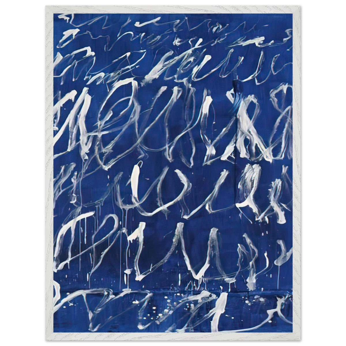 Untitled by Cy Twombly, framed art print, deep blue ground covered with energetic white brushstrokes, looping, 70x100 cm (28x40 in), white frame