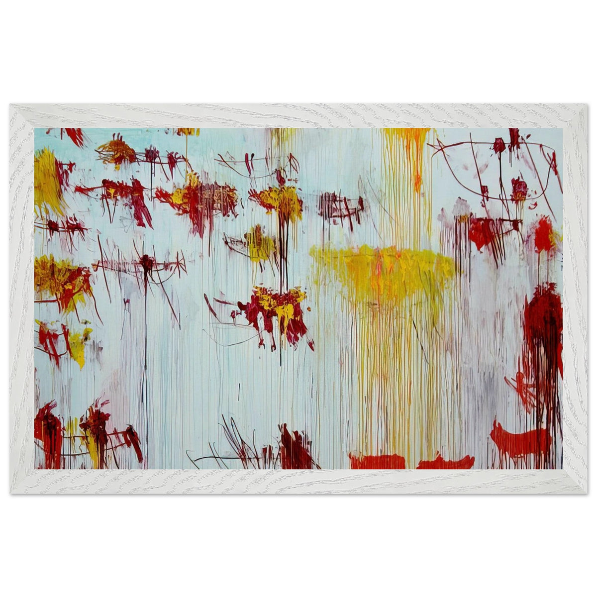 Lepanto, Part X by Cy Twombly framed art print; featuring a luminous pale blue and turquoise background, vivid golden-yellow brushstrokes; size 800 × 1200 mm (32 × 48 in); black frame.