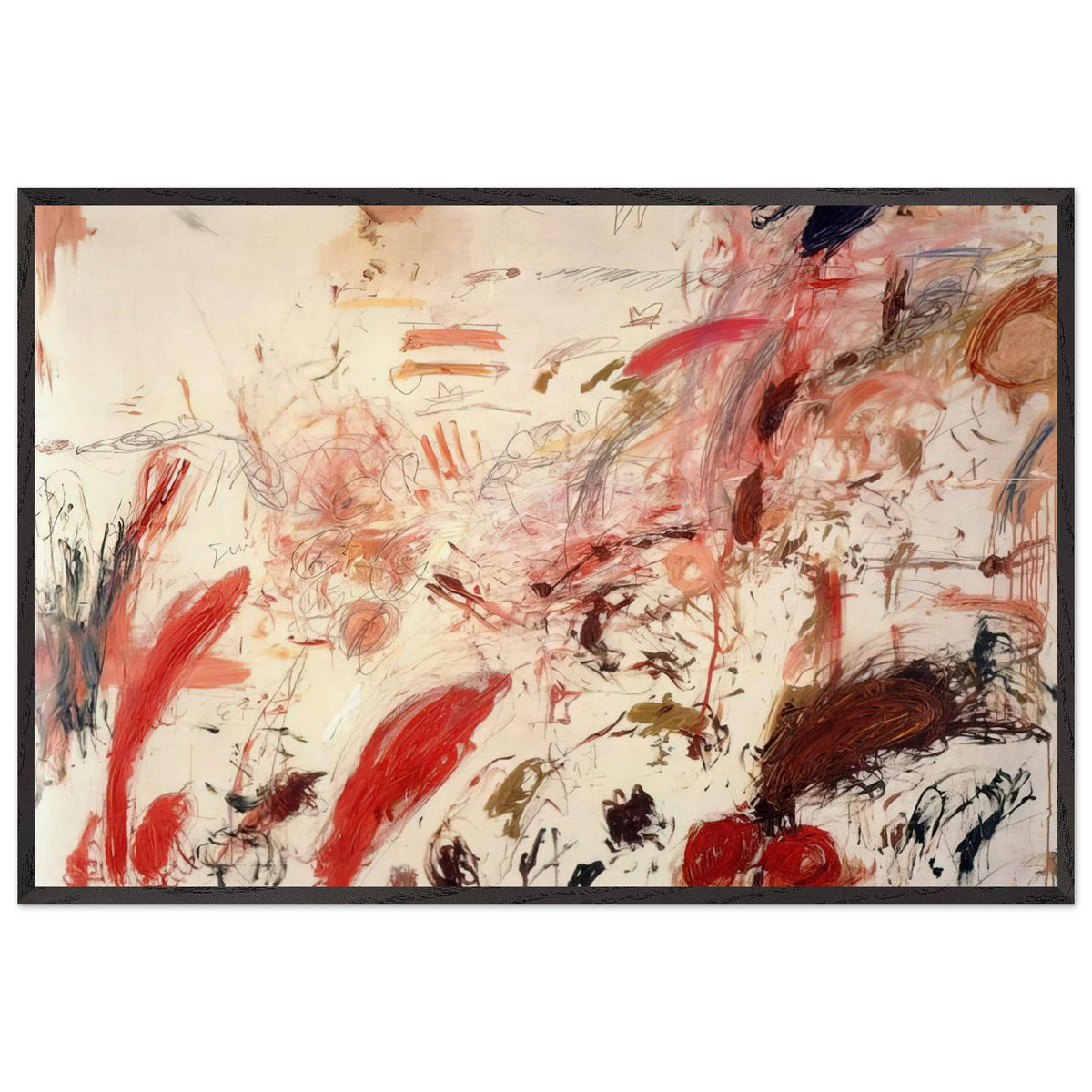 Ferragosto IV by Cy Twombly framed art print; featuring energetic red and pink brushstrokes, sweeping lines, layered marks, and contrasting accents of orange, brown; size 50 × 70 cm (20 × 28 in); white frame.