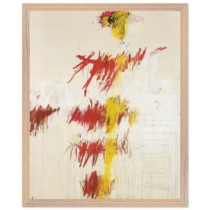 Quattro Stagioni II. Primavera by Cy Twombly, framed art print, energetic red and crimson brushstrokes, luminous yellow accents, 60x80 cm (24x32 in), white frame