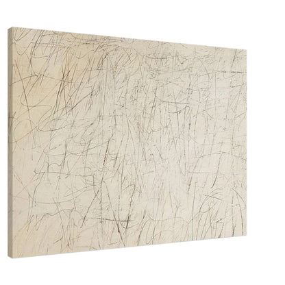 The Geeks by Cy Twombly canvas print, 40 × 50 cm / 16 × 20 in: a warm ivory background filled with delicate pencil-like lines, overlapping scribbles, angular gestures….